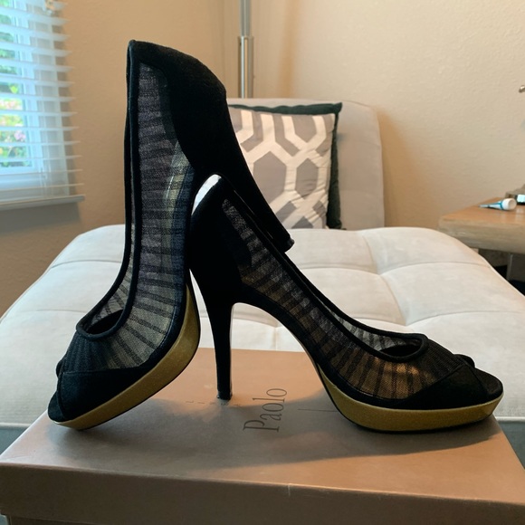 Paolo Linea Black Suede and Mesh, Gold Platform High Heels. US Size 8 - Picture 2 of 8